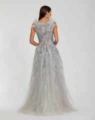 Green Embellished Feathered Sleeveless A Line Gown