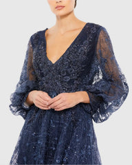 Blue Embellished Plunge Neck Puff Sleeve A Line Gown