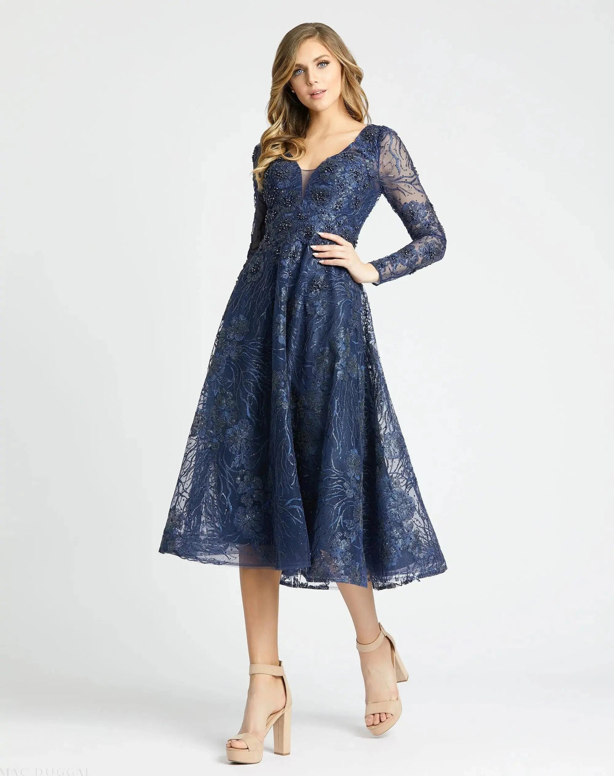 Navy Embellished Plunge Neck Long Sleeve Midi Dress