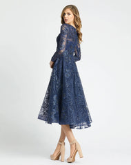 Navy Embellished Plunge Neck Long Sleeve Midi Dress