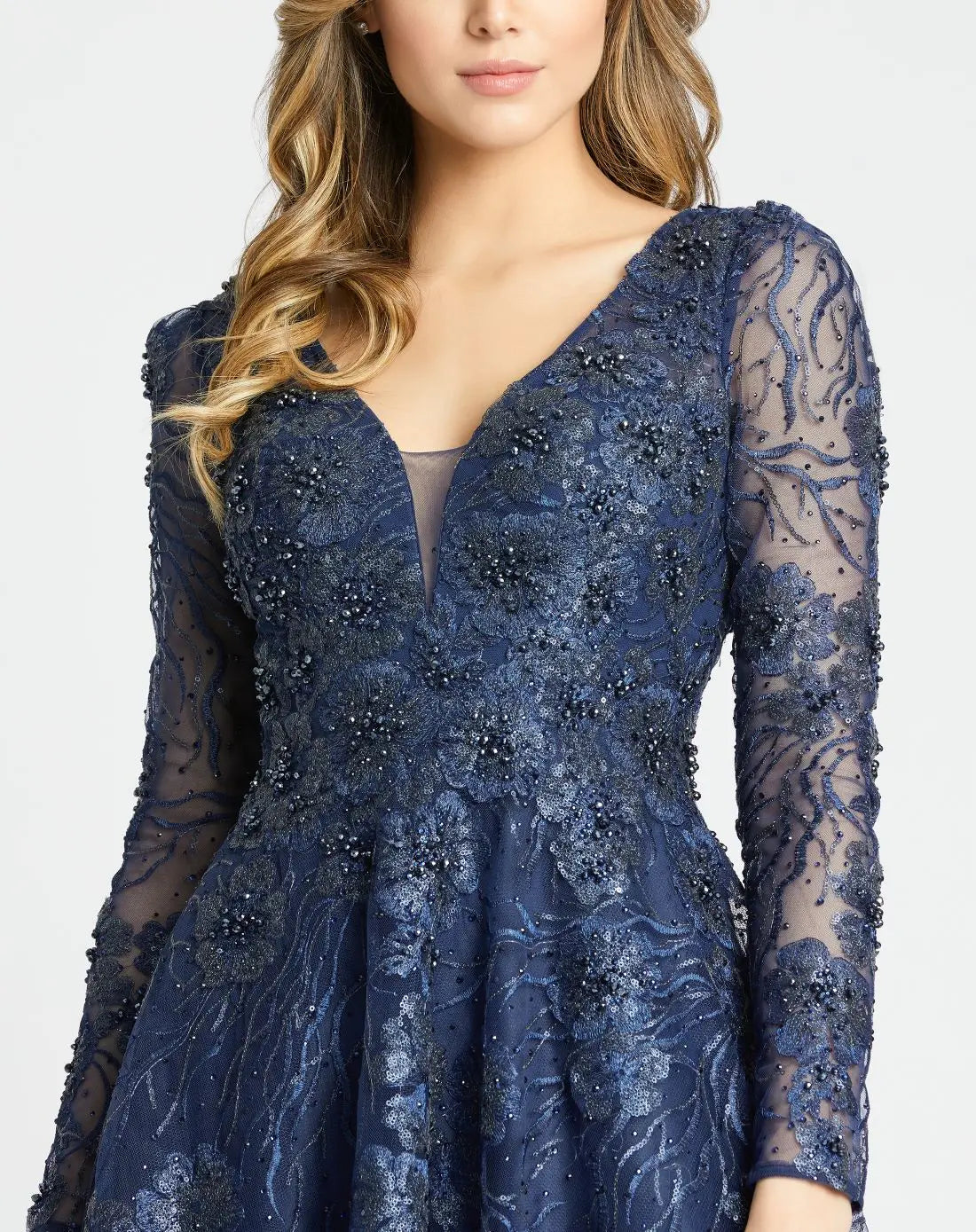 Navy Embellished Plunge Neck Long Sleeve Midi Dress