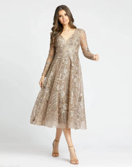 Embellished Plunge Neck Illusion Long Sleeve Midi