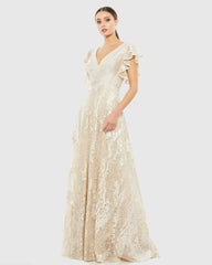 Embroidered Flutter Sleeve V-Neck Gown