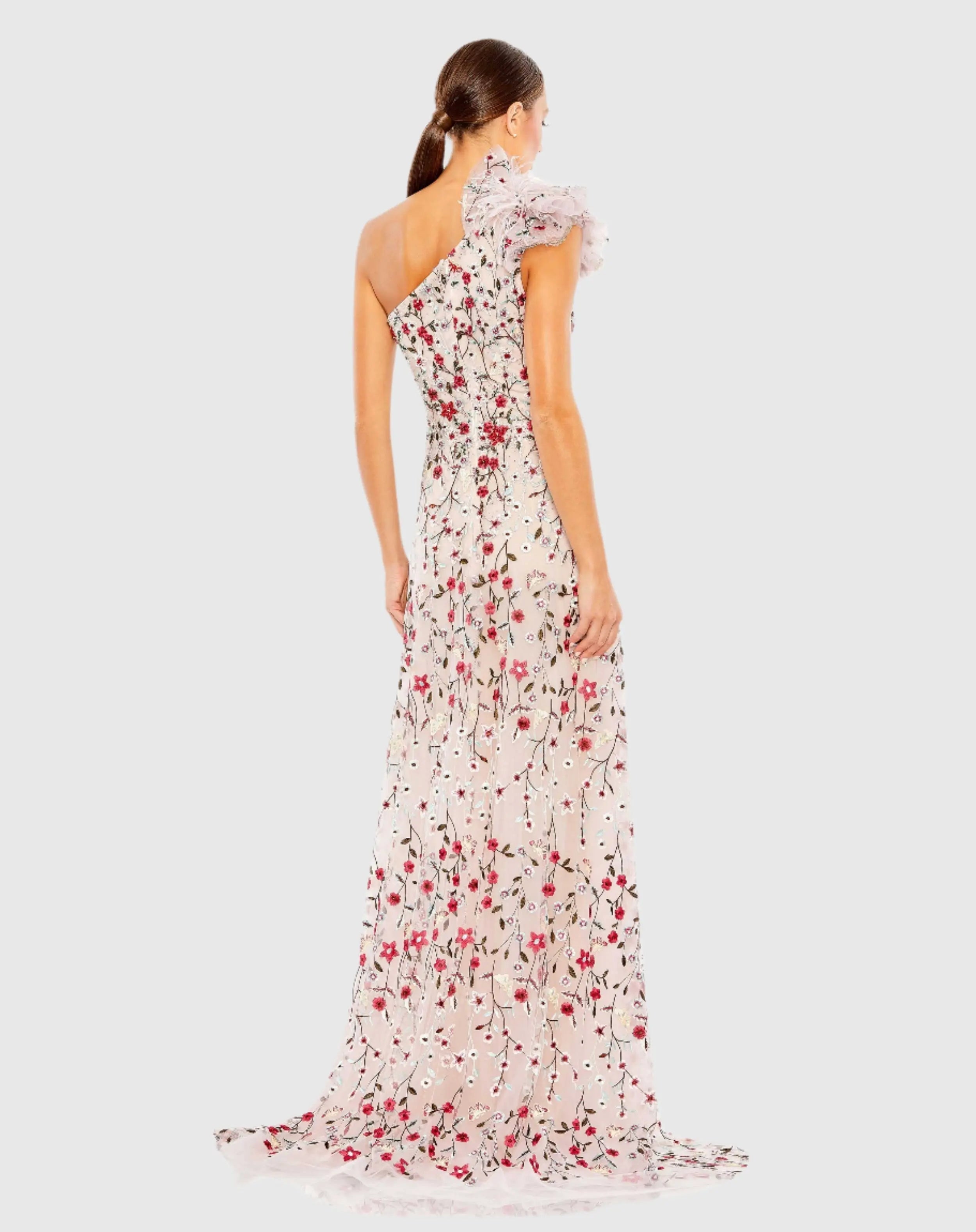 Pink Embellished One Shoulder A Line Floral Gown