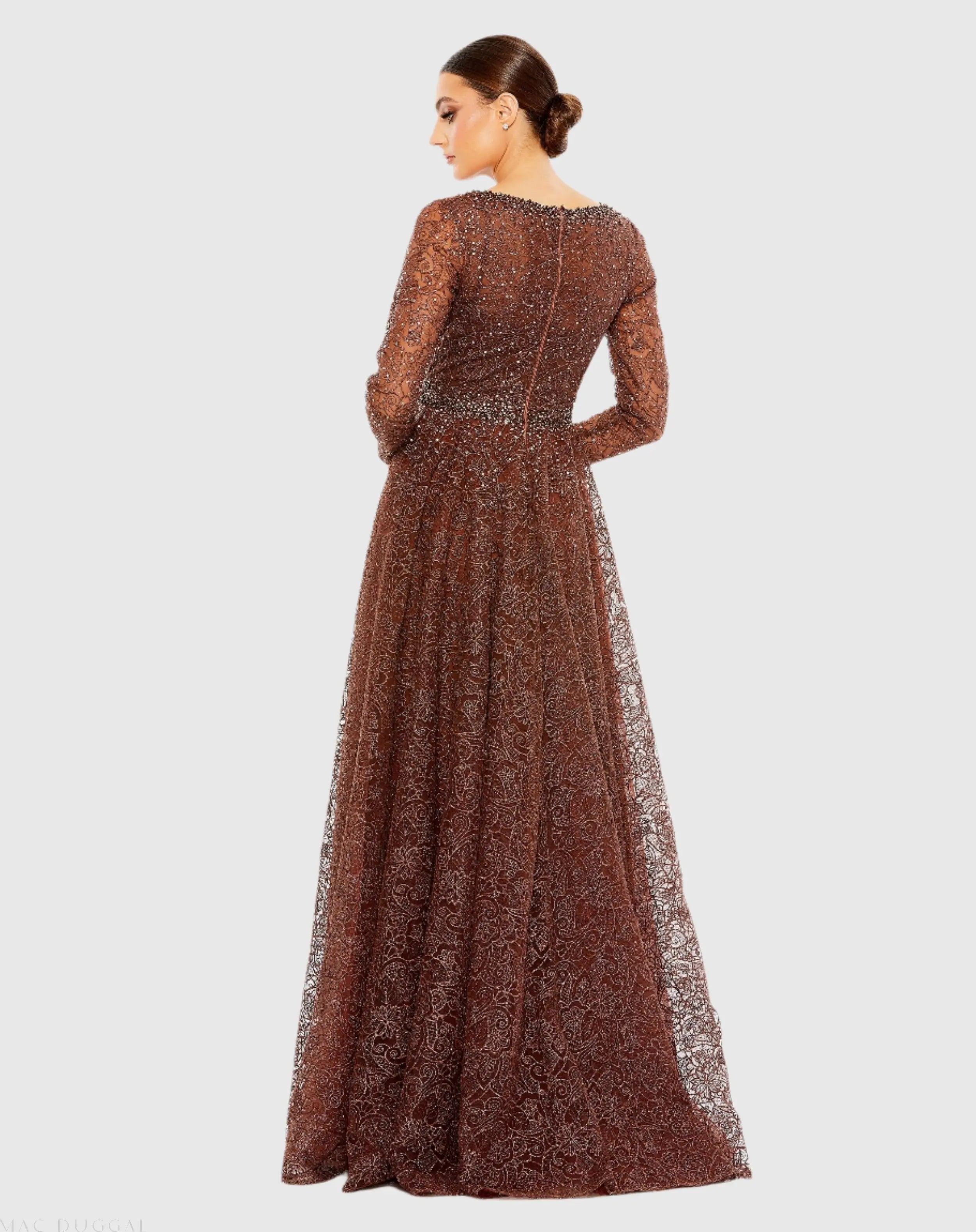 Brown Embellished Illusion Long Sleeve V Neck Gown