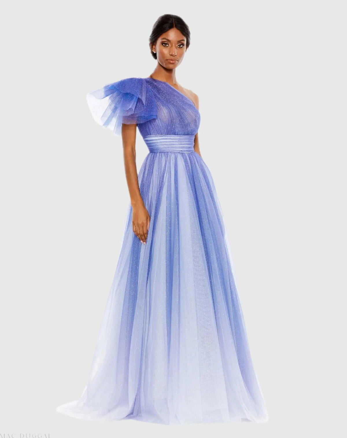 Blue Glitter Ombre Ruffled One Shoulder Ball Gown