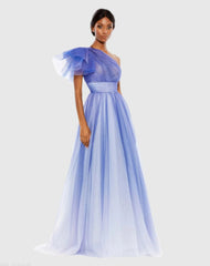 Blue Glitter Ombre Ruffled One Shoulder Ball Gown
