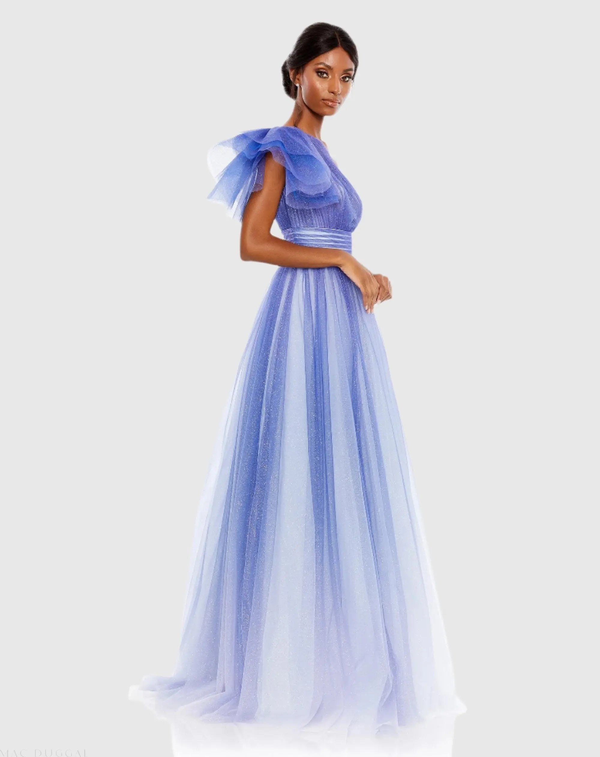 Blue Glitter Ombre Ruffled One Shoulder Ball Gown