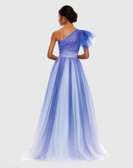 Blue Glitter Ombre Ruffled One Shoulder Ball Gown
