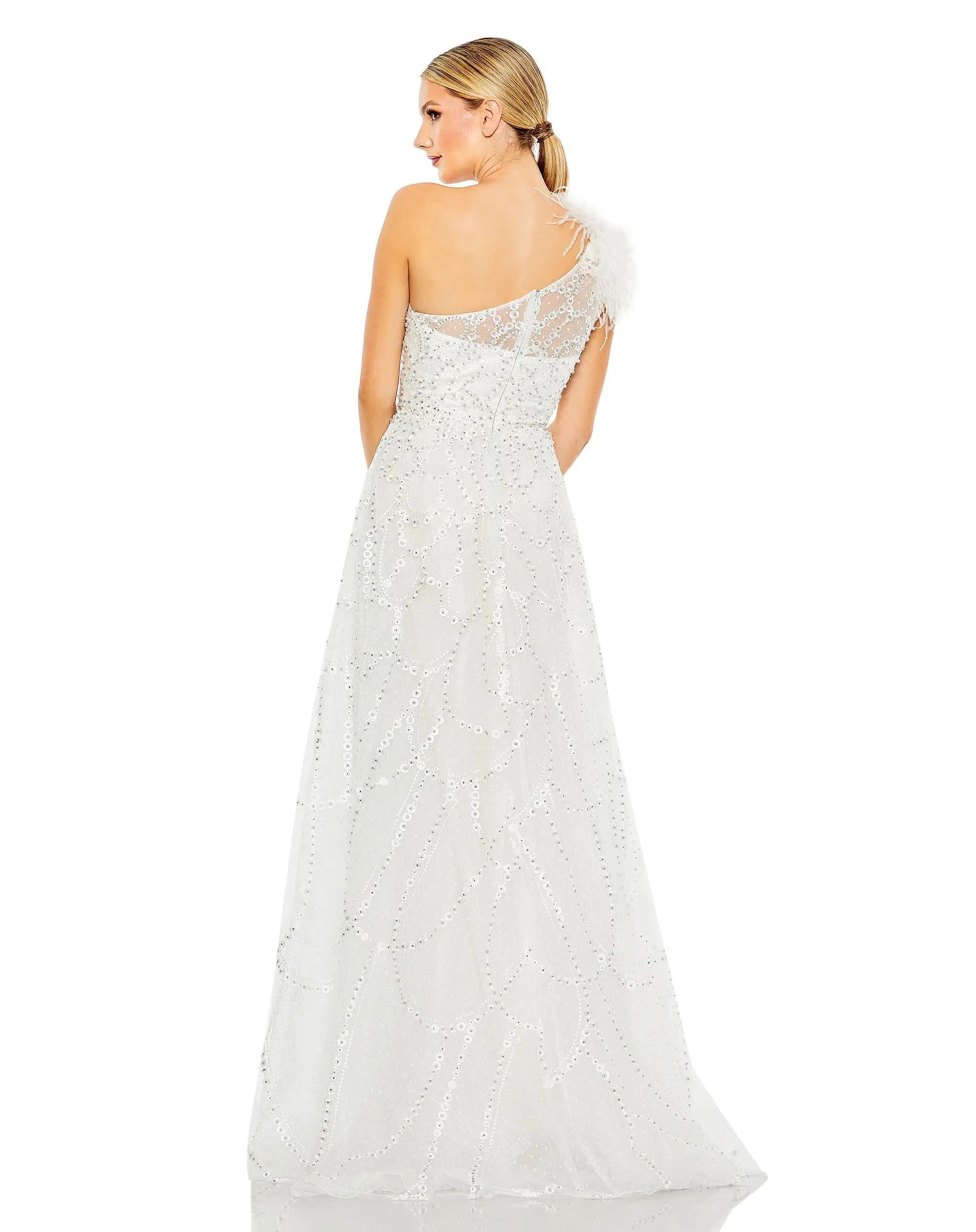 White Embellished One Shoulder A Line Gown