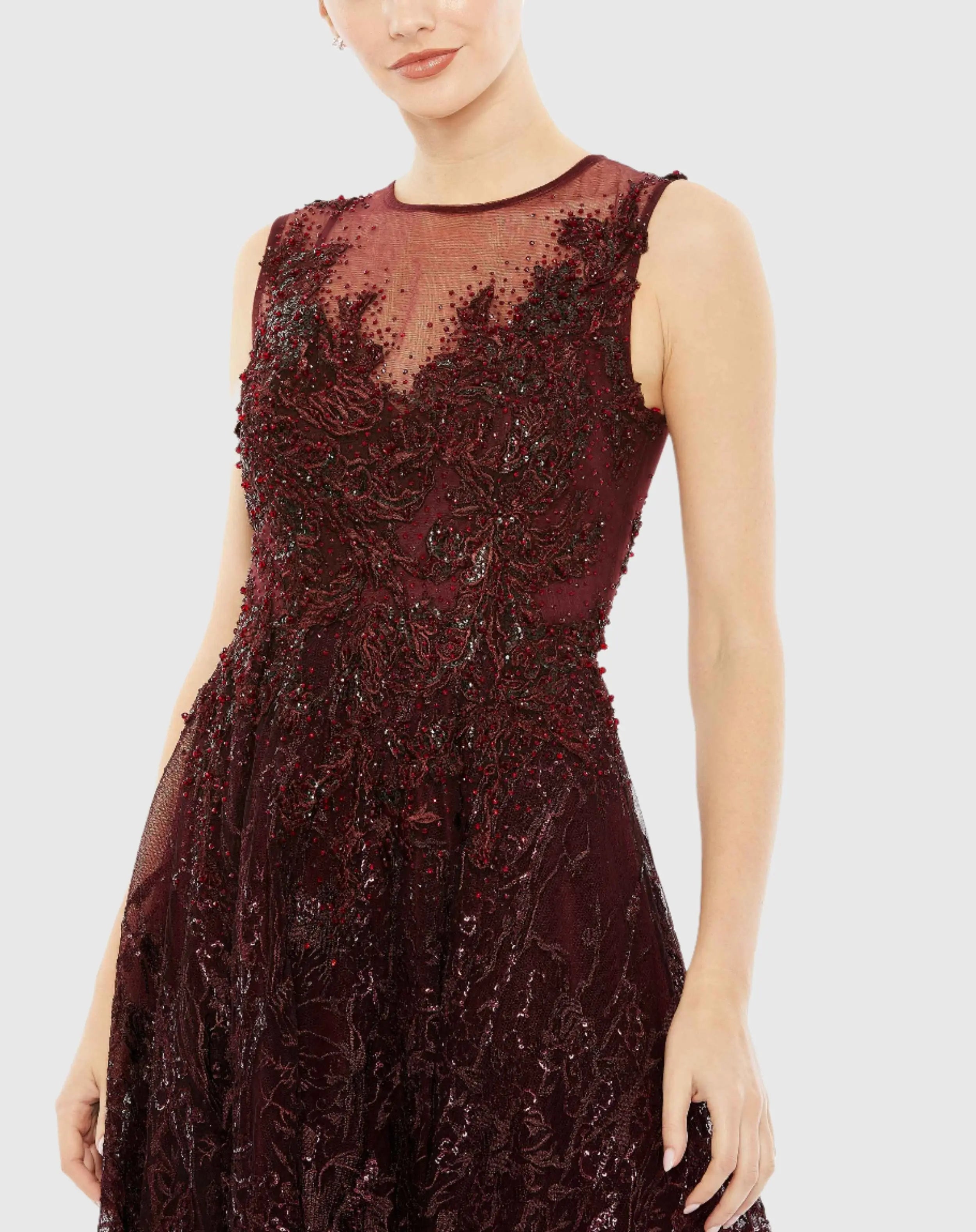 Red Embroidered High Neck Sleeveless Dress