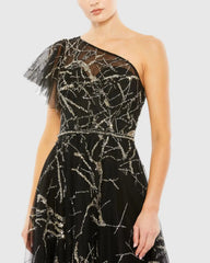 Black and Gold Two Tone One Shoulder A Line Dress