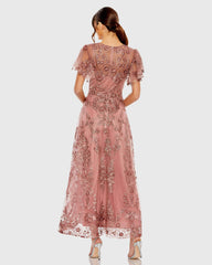 Pink Embroidered Flutter Sleeve A Line Dress