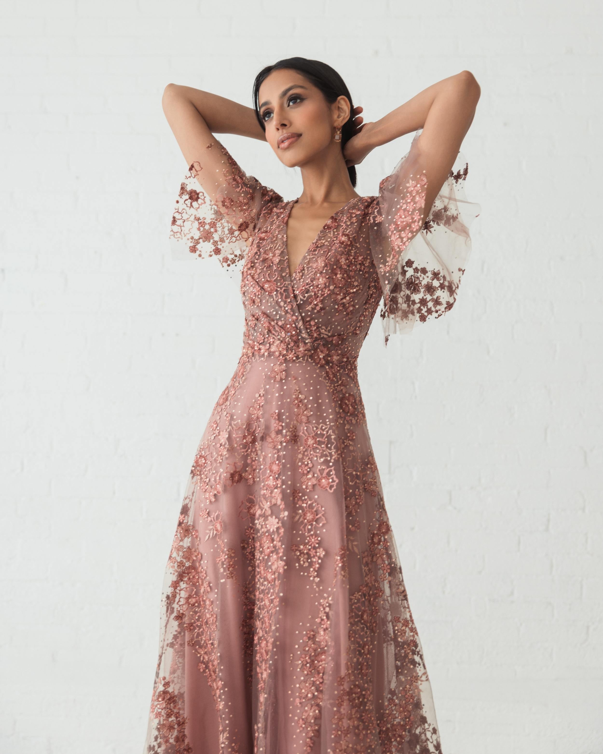 Pink Embroidered Flutter Sleeve A Line Dress