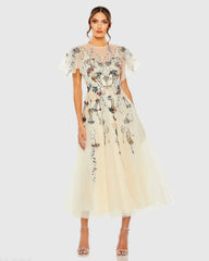 Flutter Sleeve High Neck Embellished Floral Dress