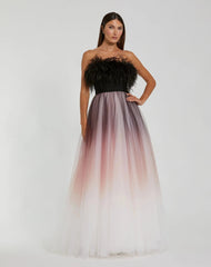 Black Ombre Strapless Feather Bodice Tulle Gown