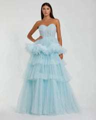 Blue Strapless Tulle Gown with Feather Detail  - FINAL SALE