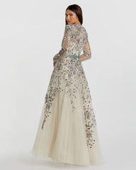 Ivory Long Sleeve Floral Embellished A-Line Gown