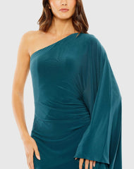 Blue One Shoulder Cape Sleeve Ruched Detail Jersey Dress