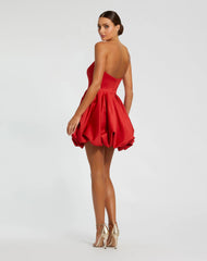 Red Strapless Mini Dress With Rose Ruffle Detail