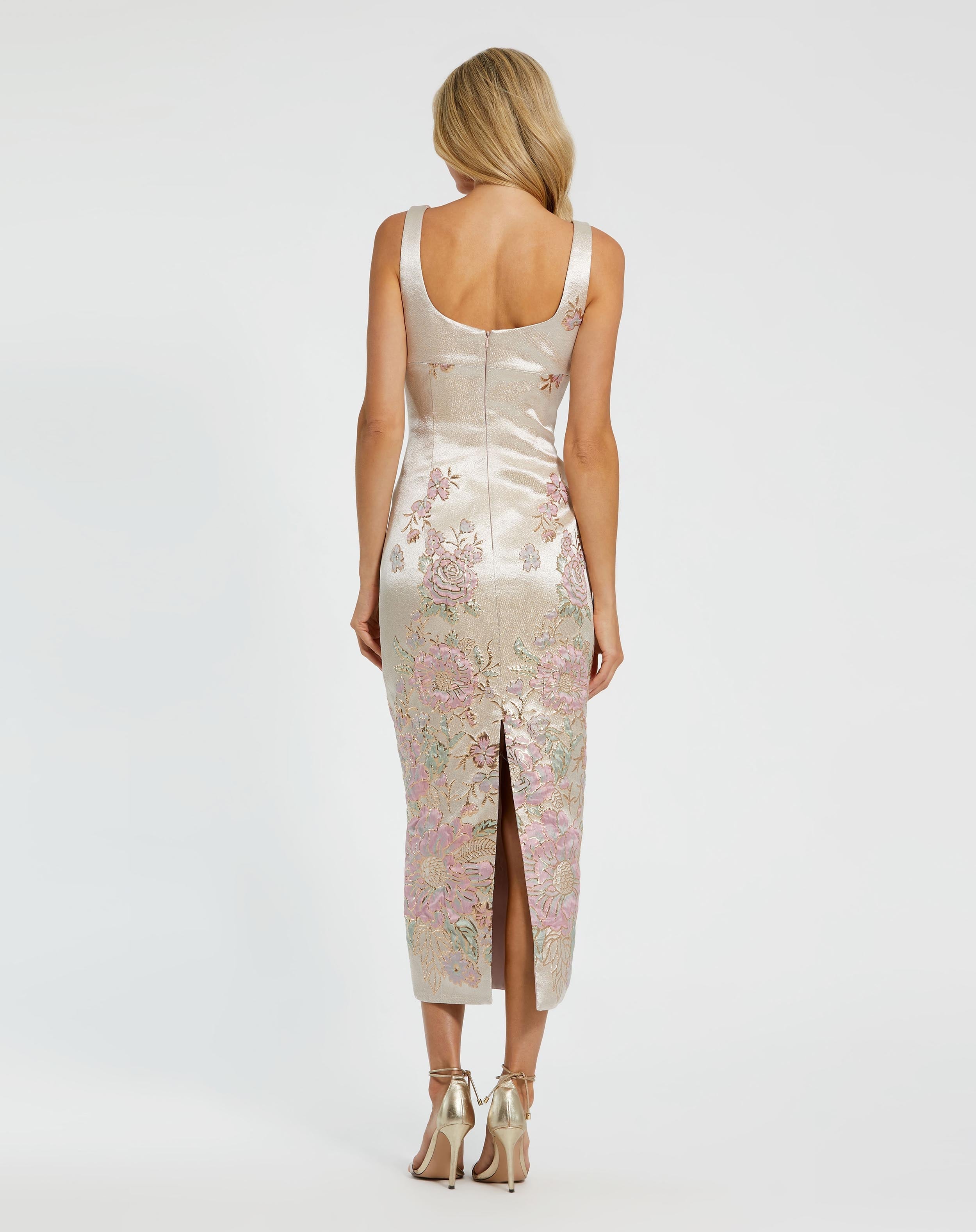 Ivory Slim Strap Scoop Neck Bustier Brocade Midi Dress