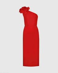 Red Crepe One Shoulder Midi Dress With Flower