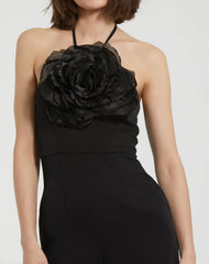 Black Crepe Halter Neck Jumpsuit With Flower