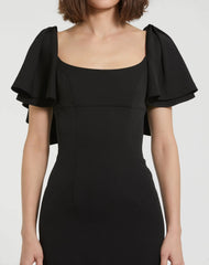 Black Crepe Fitted Long Dress With Short Ruffle Sleeves - FINAL SALE