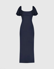 Navy Crepe Fitted Column Dress With Short Ruffle Sleeves - FINAL SALE
