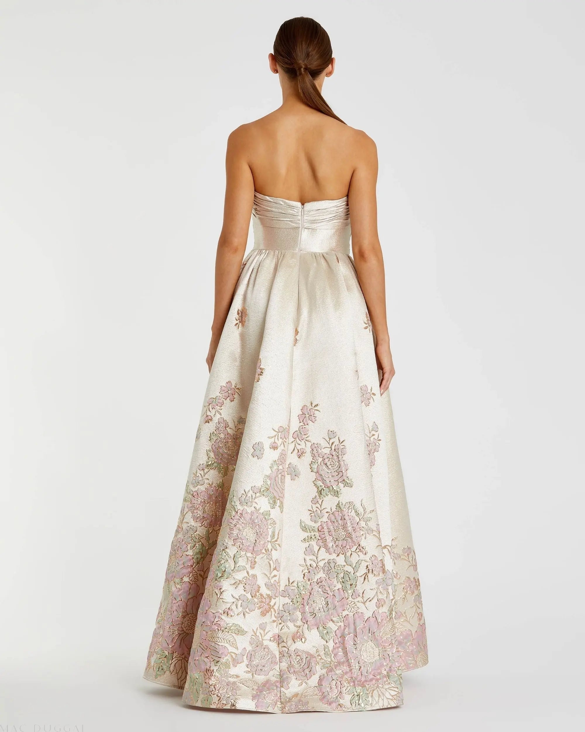 Ivory Strapless Brocade Floral Ball Gown With Bow Detail