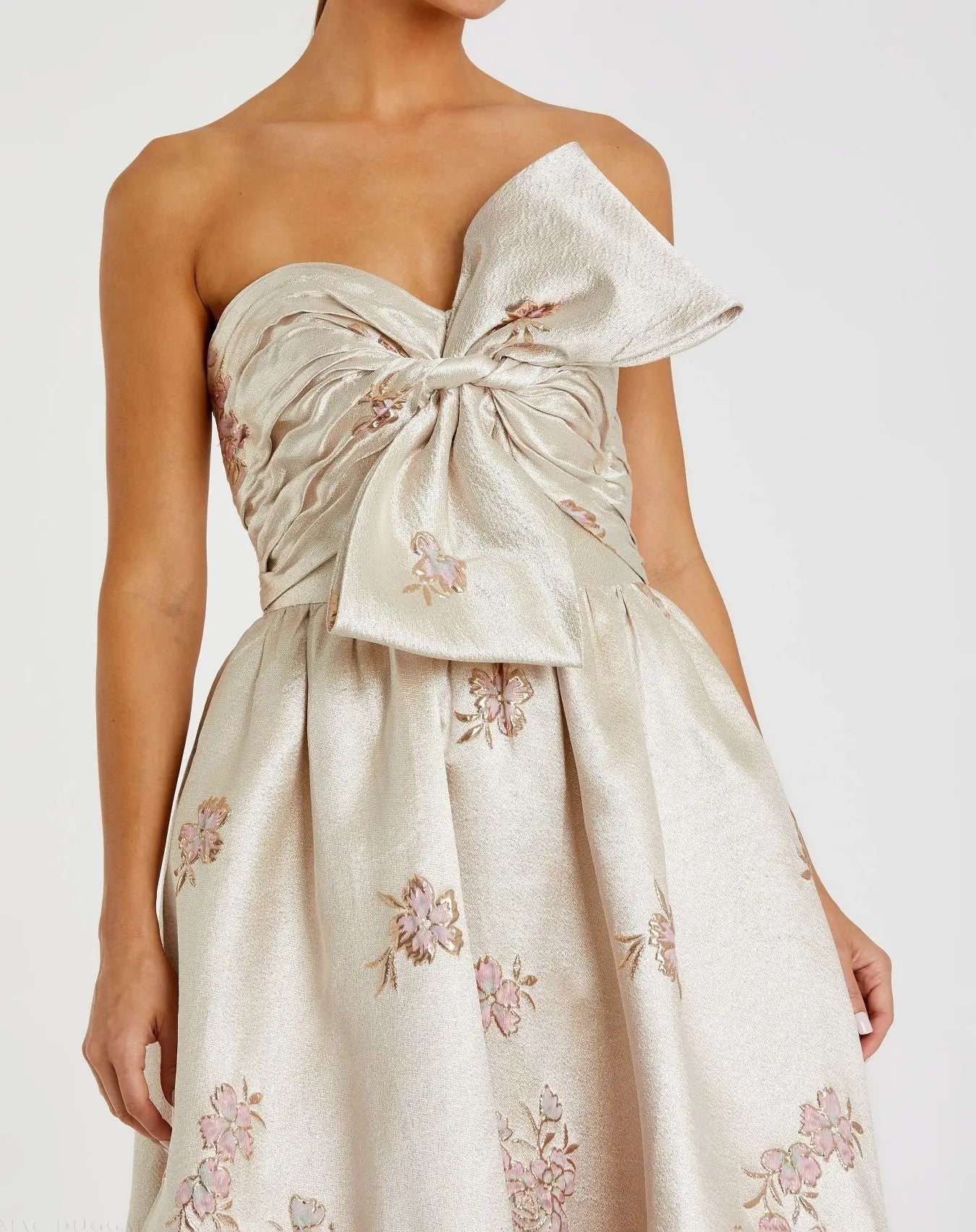Ivory Strapless Brocade Floral Ball Gown With Bow Detail