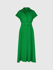 Green Crepe Collared Short Sleeve Midi Dress With Belt