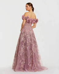 Purple Floral Embroidered Off The Shoulder A-line Gown