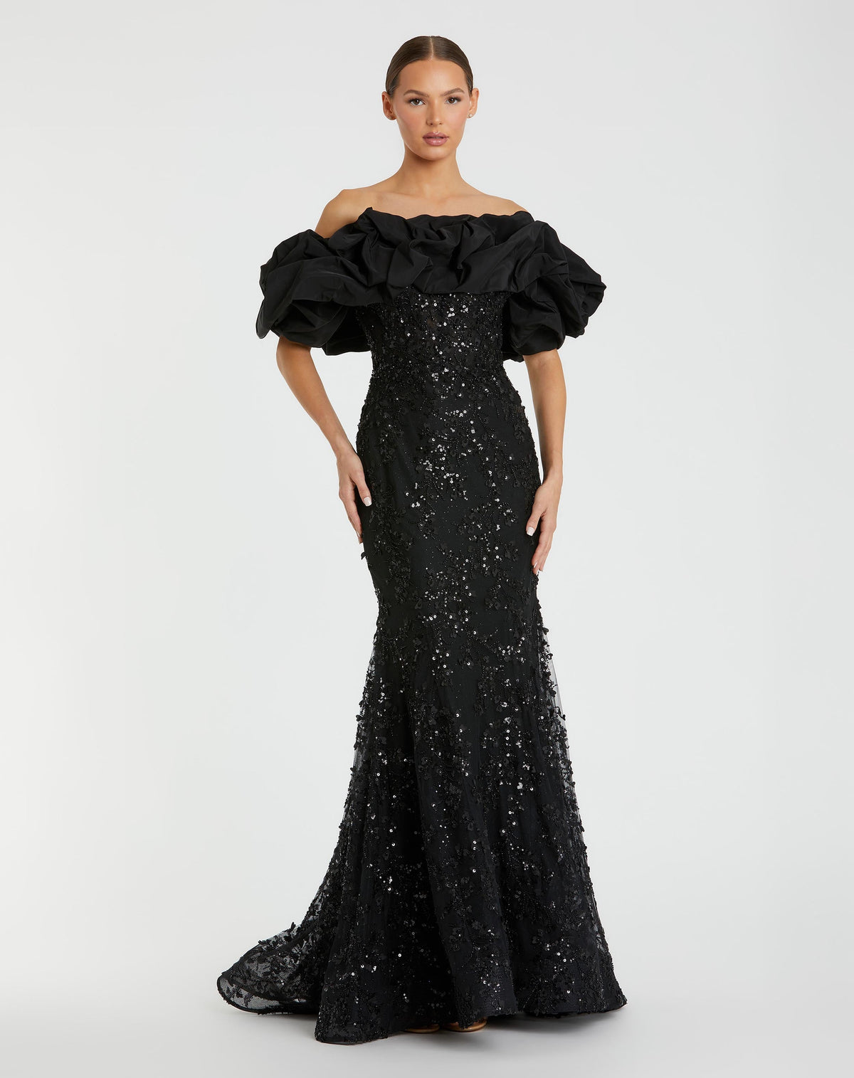 Black Beaded Mermaid Gown With Off The Shoulder Ruffle