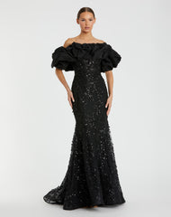 Black Beaded Mermaid Gown With Off The Shoulder Ruffle