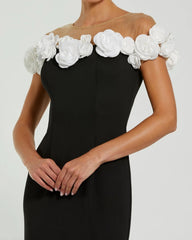 Black and White Stretch Crepe Mermaid Gown With 3D Flowers