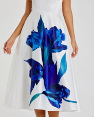 White Strapless Satin Midi Dress With Flower Print