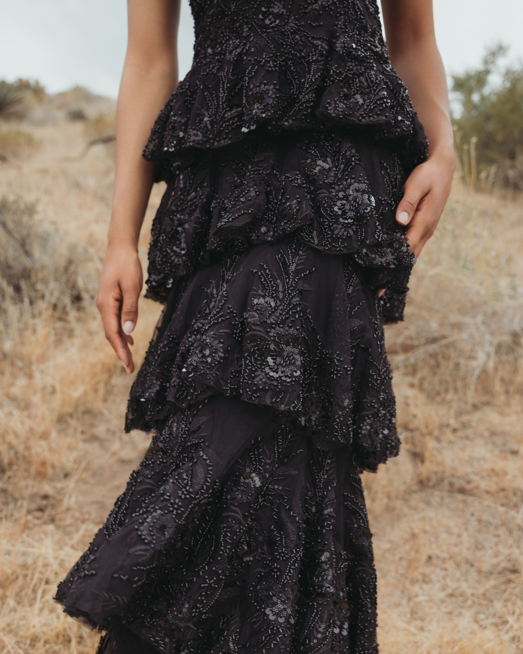 Black Short Sleeve Tiered Evening Gown with Embellishments