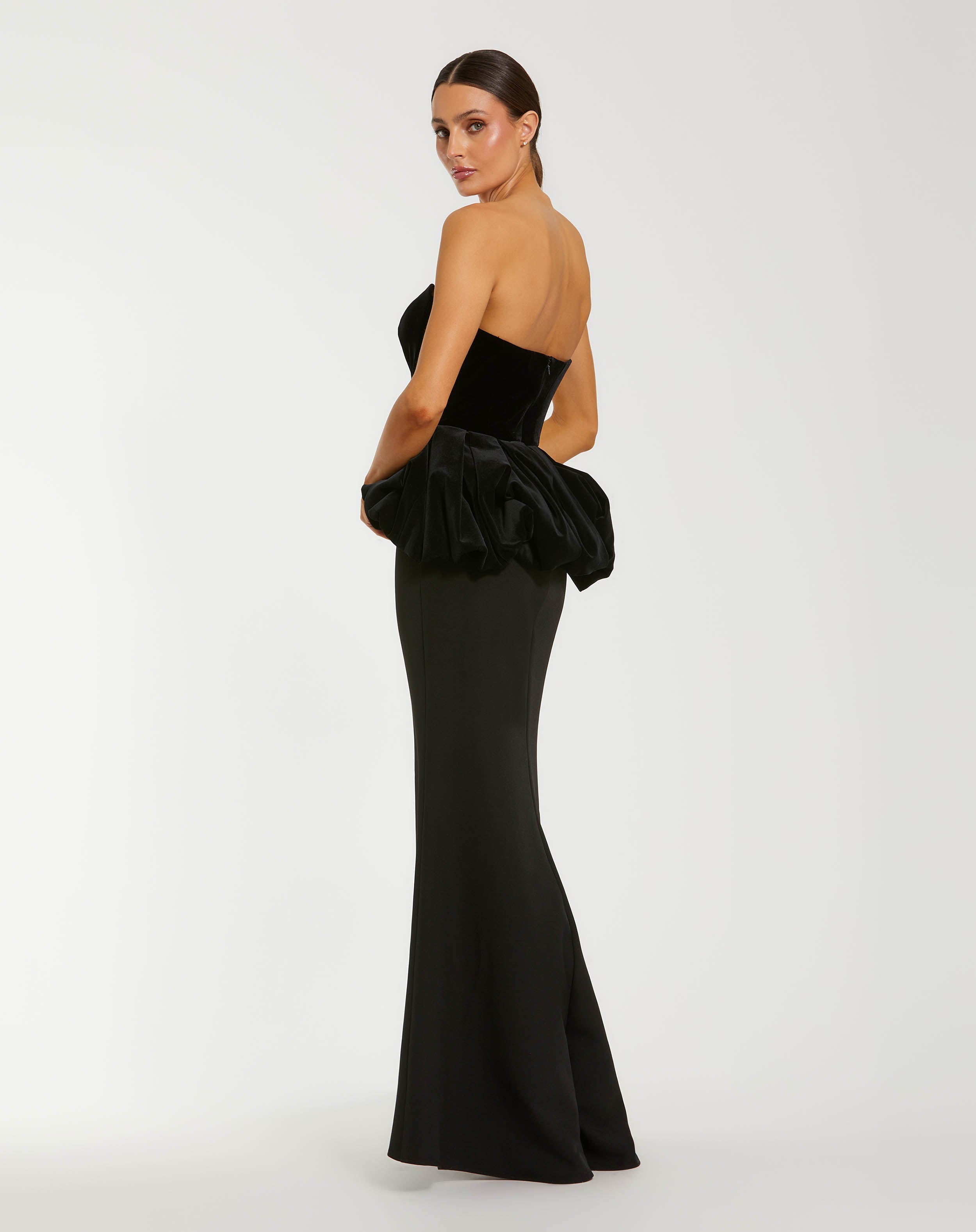 Black Strapless Velvet Peplum Gown