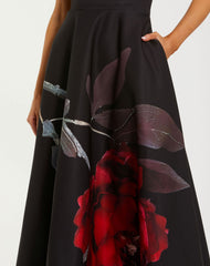 Black Crepe Printed Strapless Midi Dress With Pockets