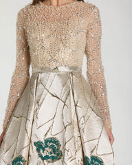 Gold Long Sleeve Embellished Floral Brocade Ball Gown