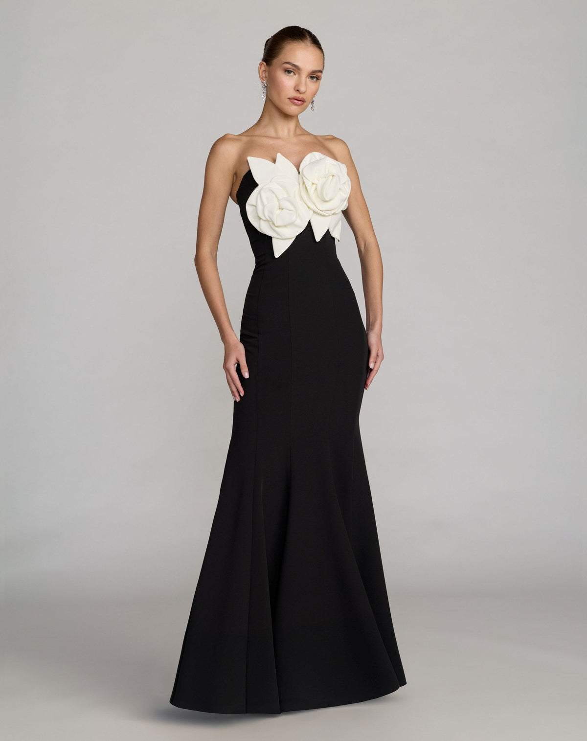 Strapless Crepe Mermaid Gown With 3D Flowers