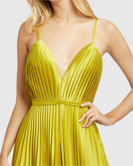 Green Pleated Plunge Neck Wide Leg Jumpsuit