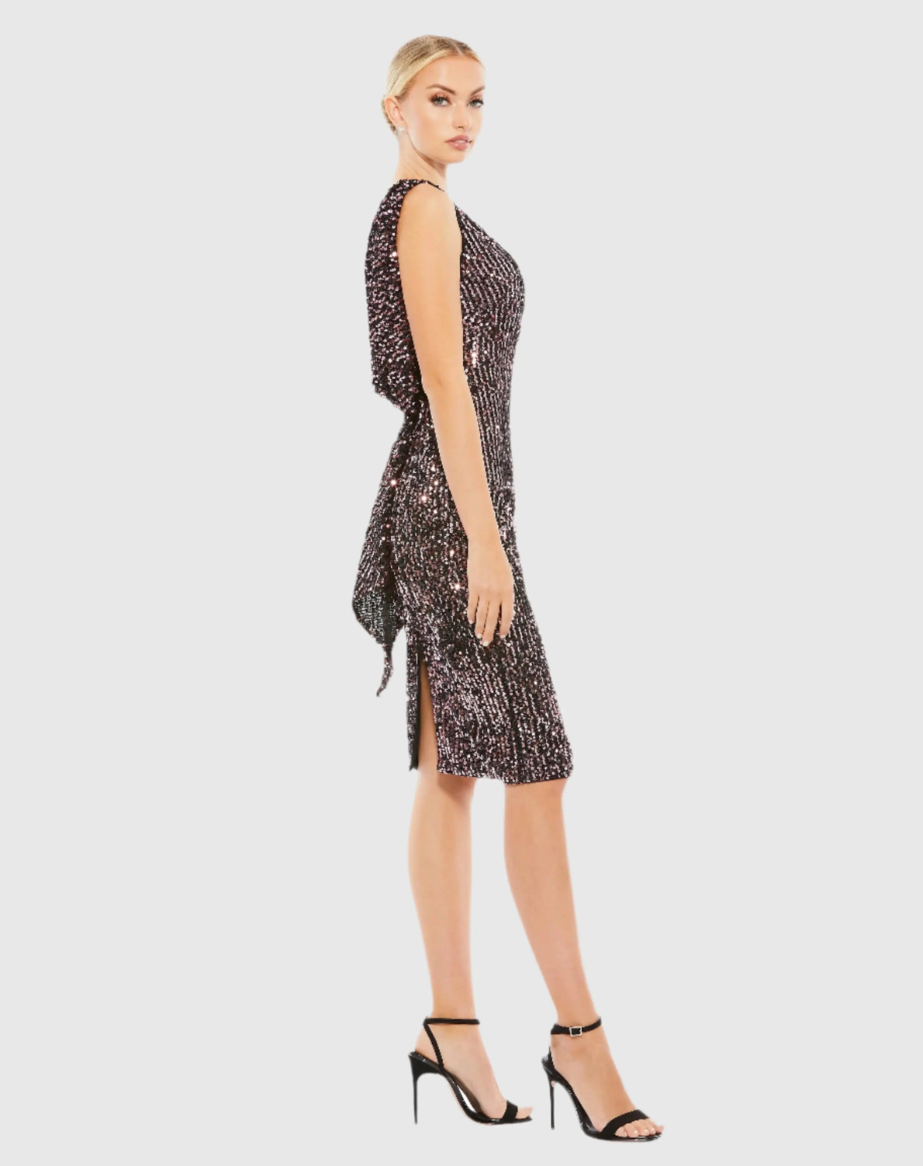 Black and Pink Draped Back Boat Neck Sequined Cocktail Dress