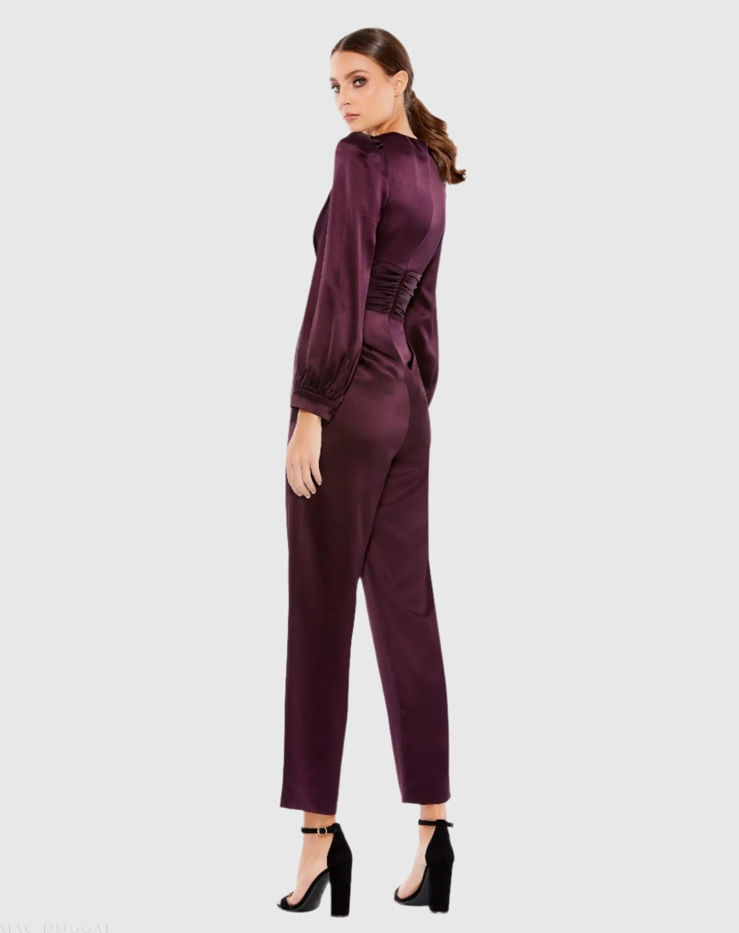 Purple Front Twist Puff Sleeve Deep V Jumpsuit