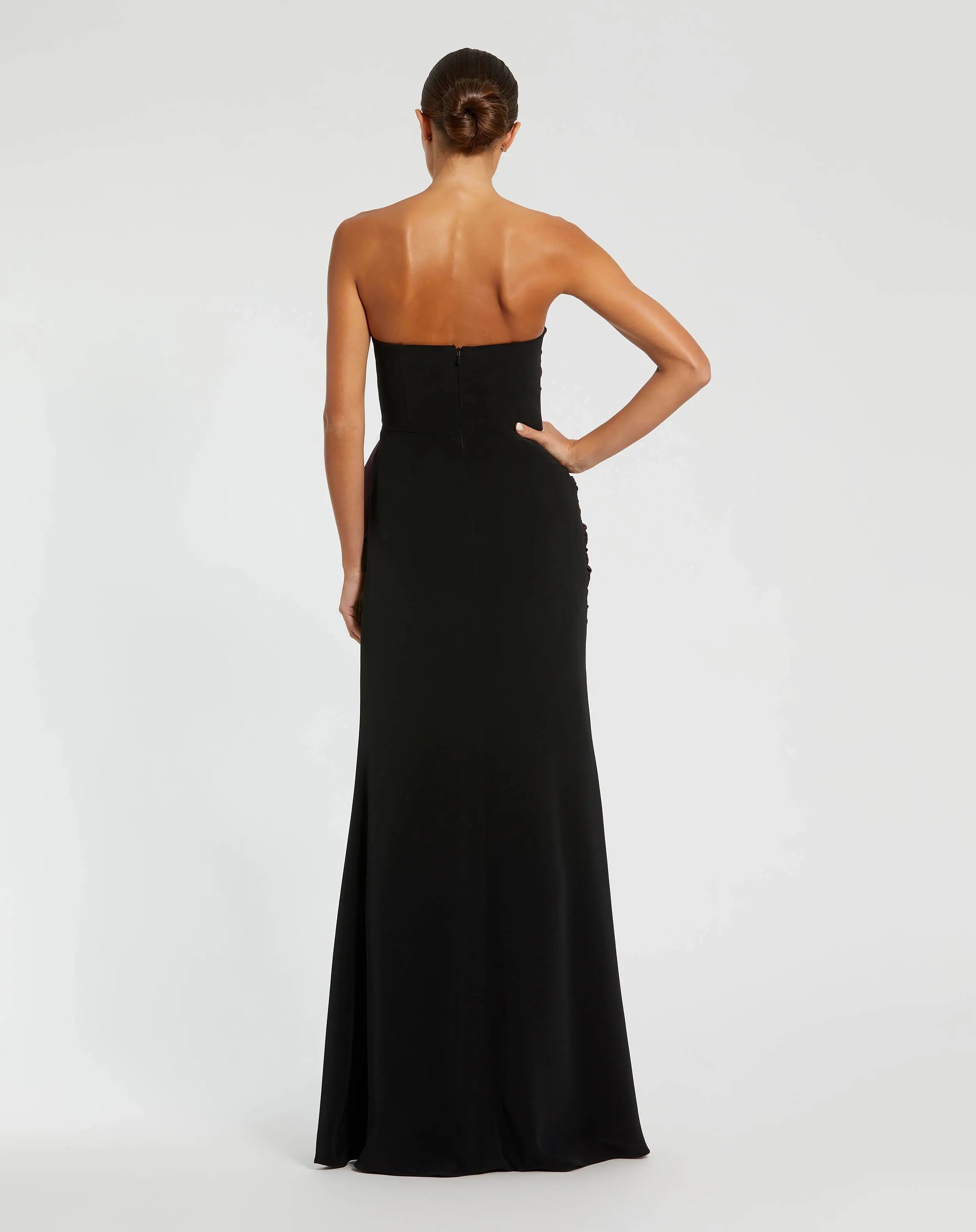 Black Two Tone Draped Strapless Trumpet Gown