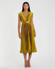 Pleated Cap Sleeve Belted A Line Dress