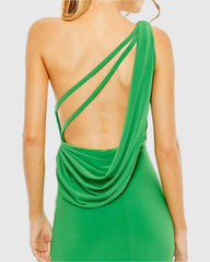 Green Jersey One Shoulder Draped Back Gown - FINAL SALE