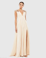 Beige Beaded Cap Sleeve V Neck A Line Gown