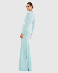 Blue Long Sleeve Ruched Jersey V-Neck Gown